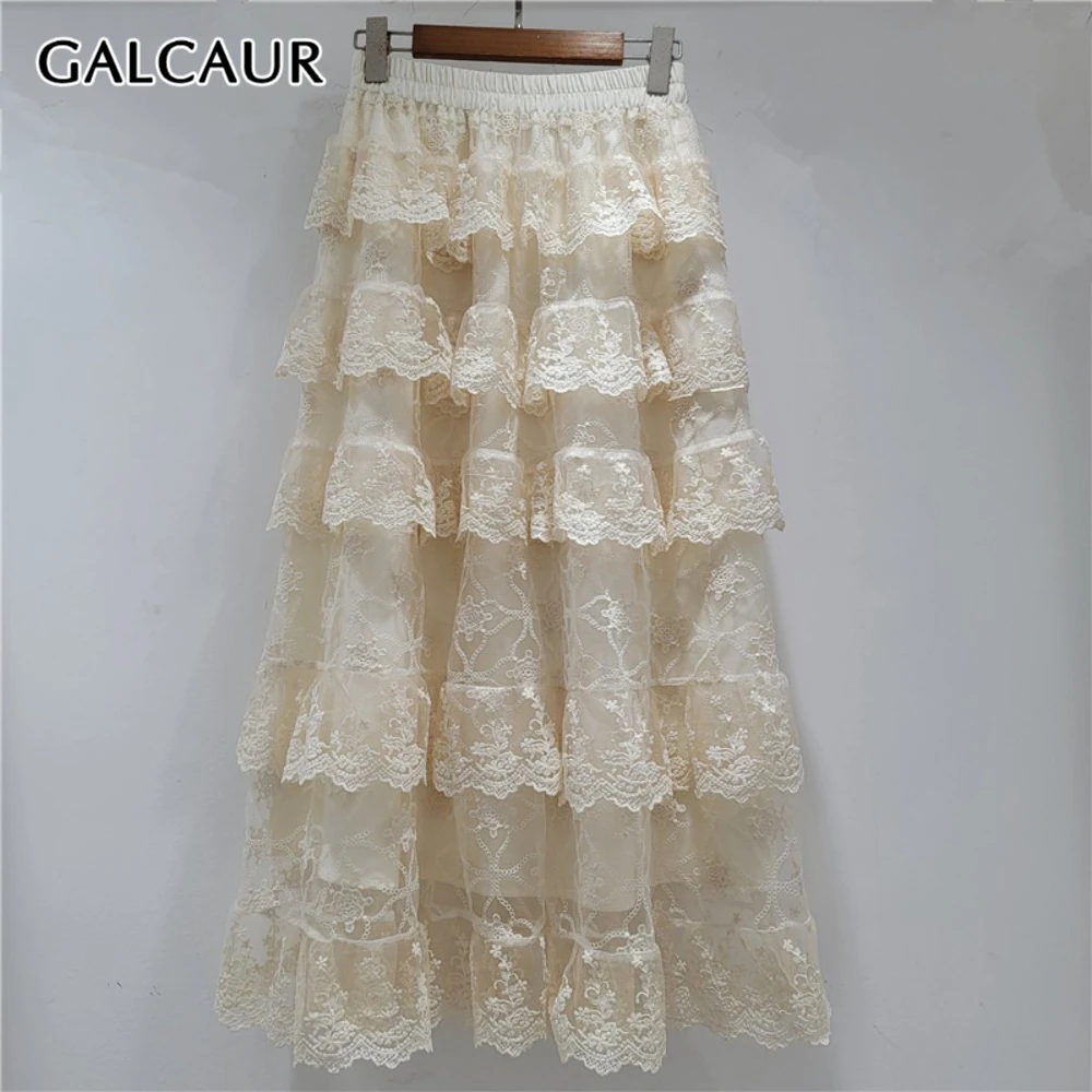 GALCAUR Apricot Spliced Lace Basics Skirt Female High Waist Loose French Elegant Women's Long Skirts Autumn Fashion New Style