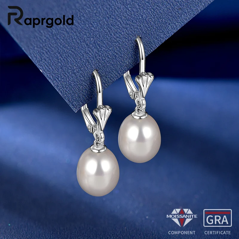 

RAPRGOLD 9-10mm Oval Cultured Fresh Water Pearl Dangle Hoop Earrings for Women 925 Sterling Silver Fine Jewelry Gifts Pendientes