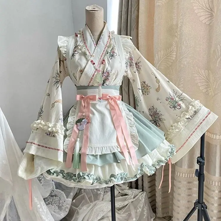 Japan Improved Chinese Style Pink Green Cross Collar Large Sleeved Lolita Dress Maid Outfit Female Autumn Cospaly Costumes