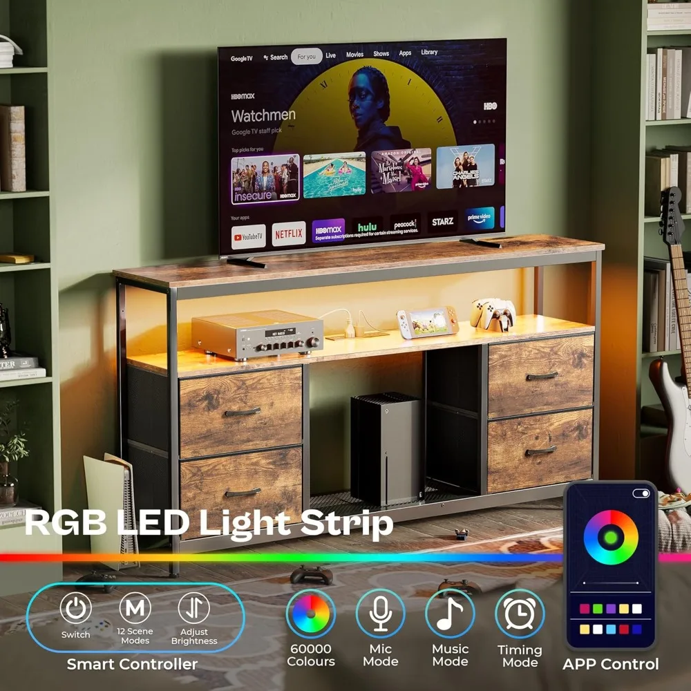 Large TV Stand Dresser with Power Outlets and LED Lighting, 4-Drawer Entertainment Center, 54-Inch Media Console