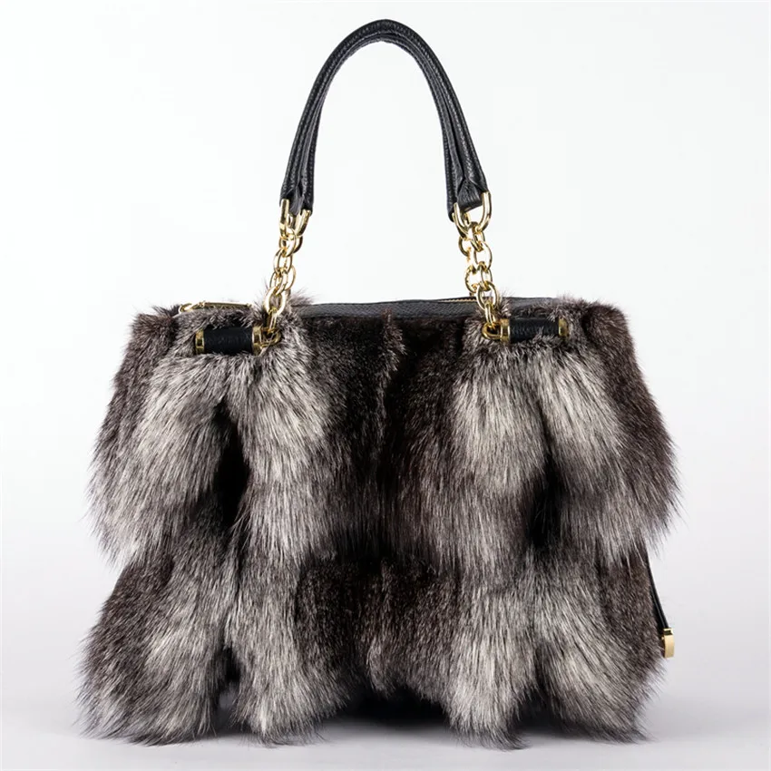 Women Winter Real Fox Fur Handbag Luxury Genuine Fur Party Bag Tote High Quality Designer Evening Bag Fur Leather Female