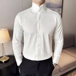 Fashion High collar Shirts Men Spring Autumn Solid Color Long Sleeve Korean Style Smart Casual Shirts Mens Slim Fit Stand Shirt