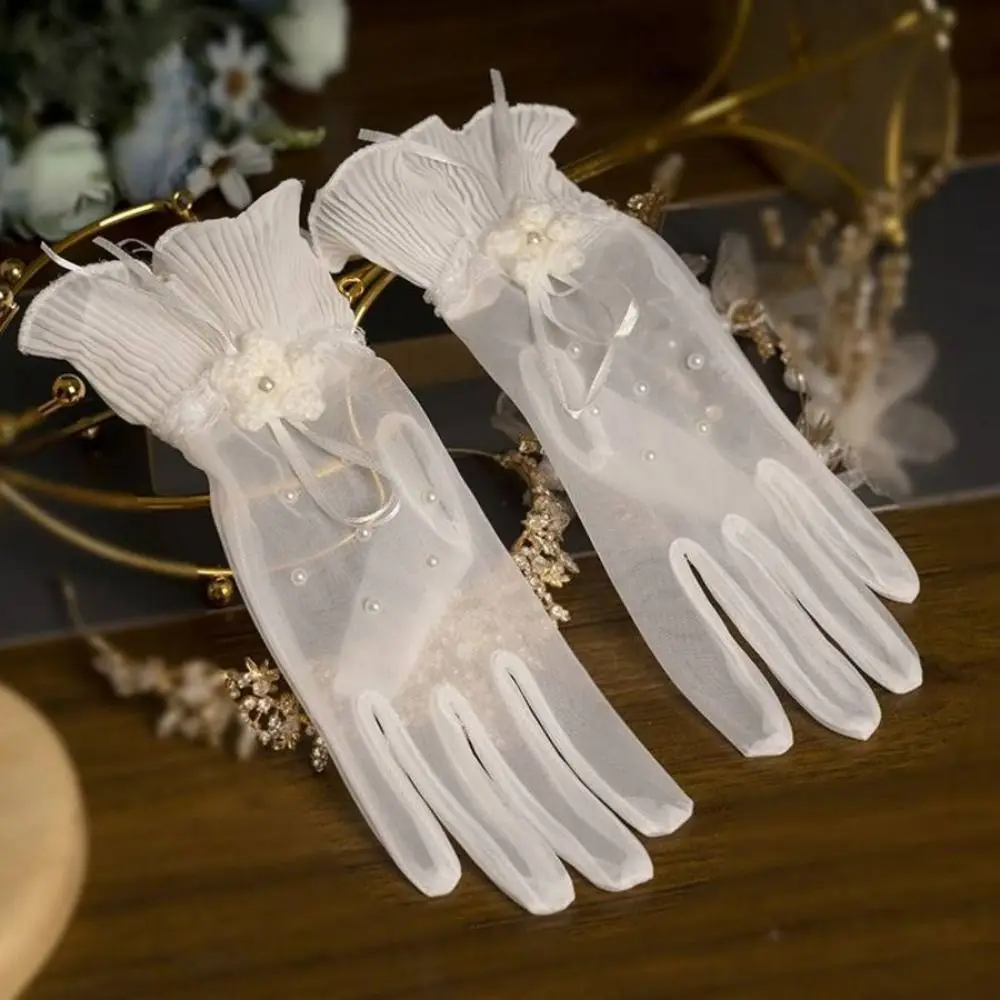 

1 Pair Marie Cat Cos White Satin Gloves Wedding Short Glove Mesh Bow Knot Gloves Sweet Elegant Lace Gloves Women Ladies/Girls