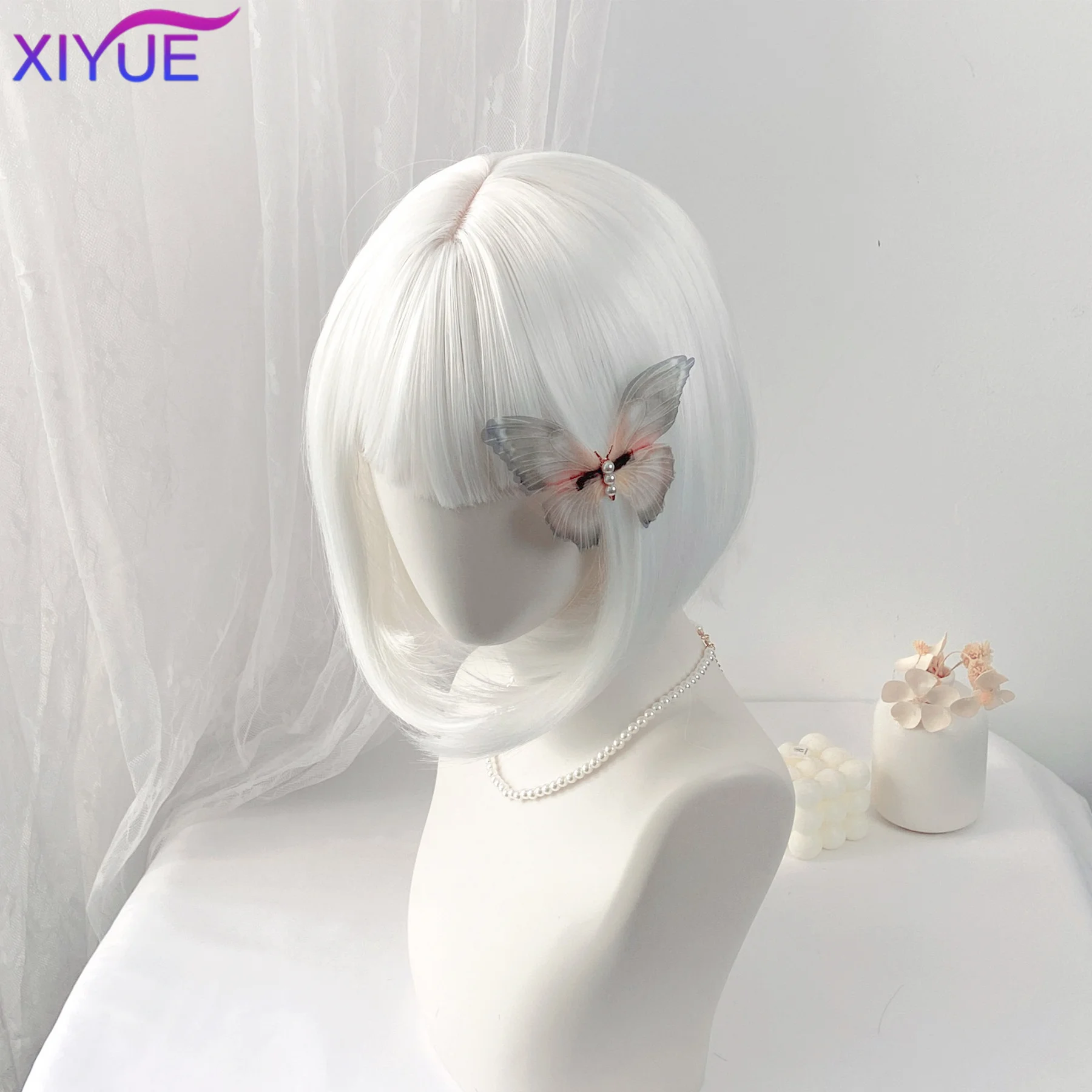 white Bob Synthetic wig Short straight hair with bangs Multi-colored Halloween cosplay daily wear high temperature silk wig
