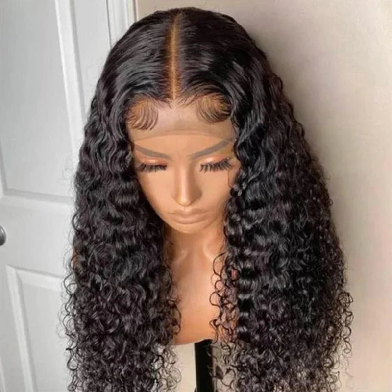 Perruque Lace Front Wig sans colle noire naturelle, cheveux crépus bouclés, douce, 26 pouces, densité 180, baby hair, pre-plucked, degré de chaleur, 03/3