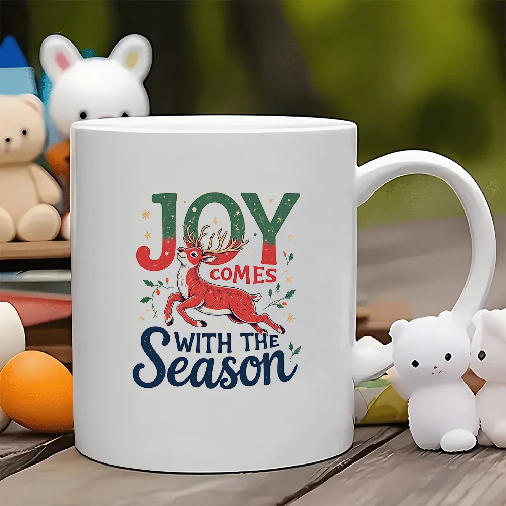 

11oz Mug Festive Deer Christmas Green and Red Color Scheme Gold Star Accents Kids Cup Family Office Coffee Christmas Gift Se