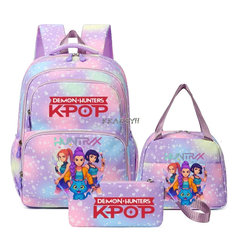 Рюкзак KPop Demon Hunters с принтом, 3 предмета в комплекте, для школьников (мальчиков и девочек), красочный, с сумкой для обедов, для детей и подростков