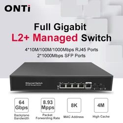 ONTi-L2+ Managed switch with 2*1000M SFP slot ports and 4*100/1000M RJ45 ports, Switching capacity 64Gbps