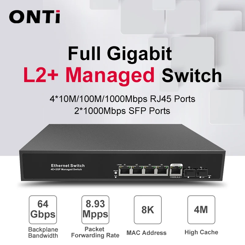 ONTi-L2+ Managed switch with 2*1000M SFP slot ports and 4*100/1000M RJ45 ports, Switching capacity 64Gbps