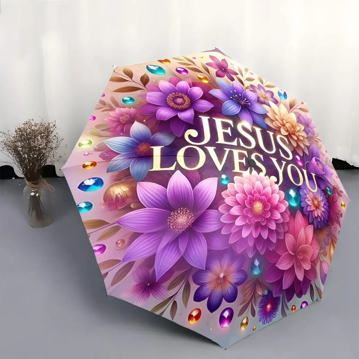 

Зонт «Иисус любит тебя» с цветочным дизайном, украшенным драгоценными камнями, и надписью - компактный складной зонт с 8 спицами для путешествий, открывающийся/закрывающийся.