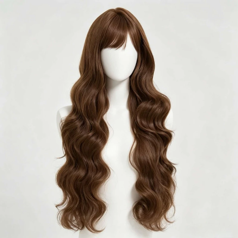 30 inch long brown curly hair can be tilted bangs fluffy full head cover women's synthetic wig