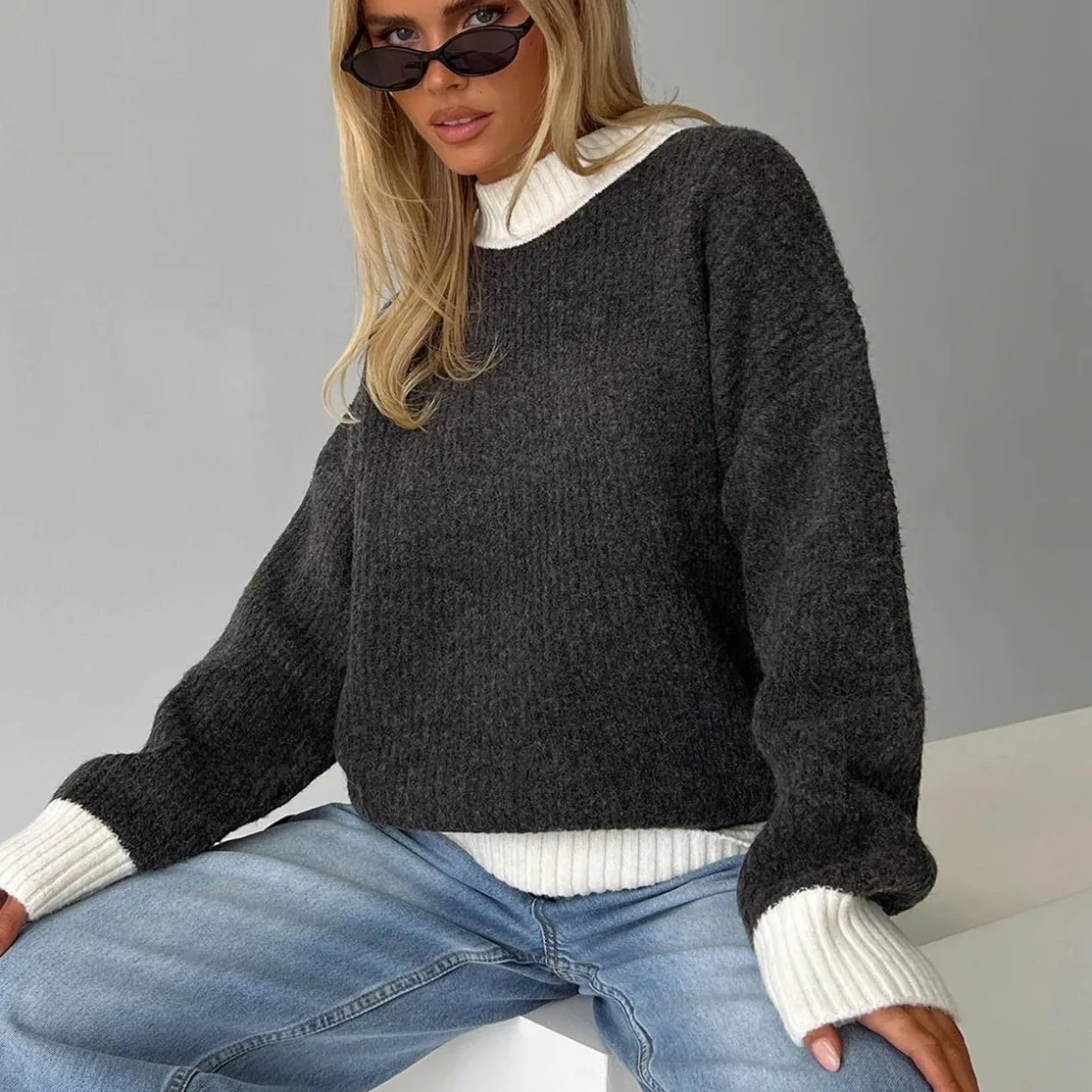 

hirigin Casual Autumn Winter Women Sweater Korean Fashion Color Patchwork Solid O-Neck Loose Long Sleeve Pullovers Knitted Tops