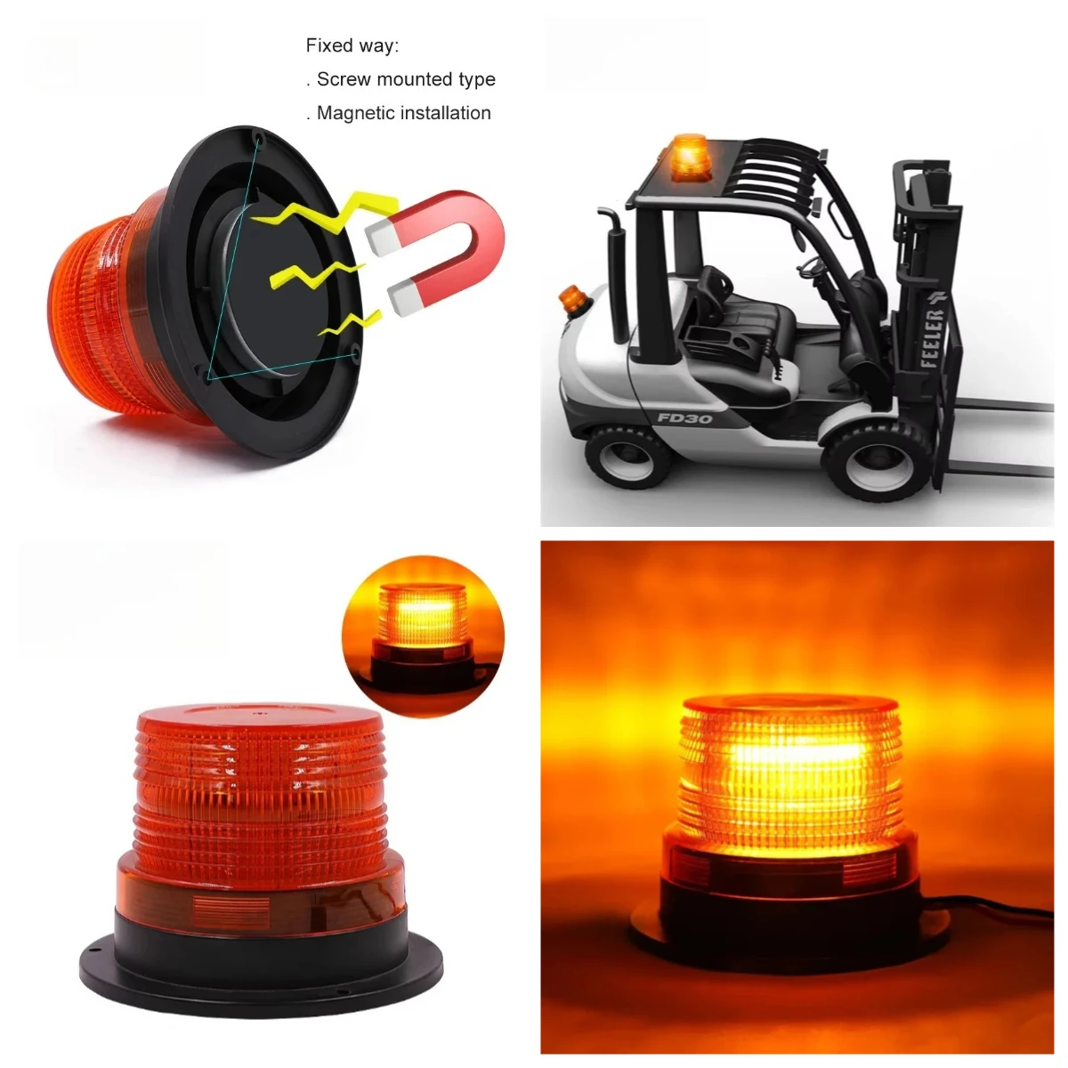 2026Magnetic Industrial High Decibel Amber Warning Light DC9-110V 6W LED Light 4 Modes Flash School Bus Forklift Tractor Loader
