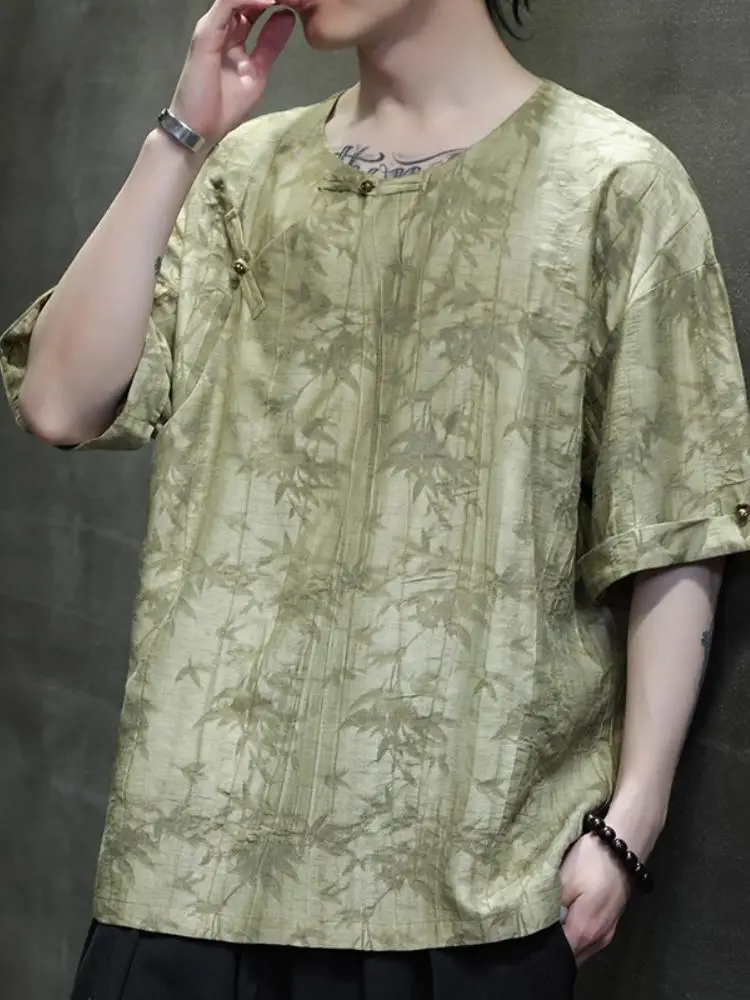 

Мужская рубашка из ледяного шелка на пуговицах, свободного кроя, дышащая, с коротким рукавом, круглым вырезом, в традиционном китайском стиле, летняя мода