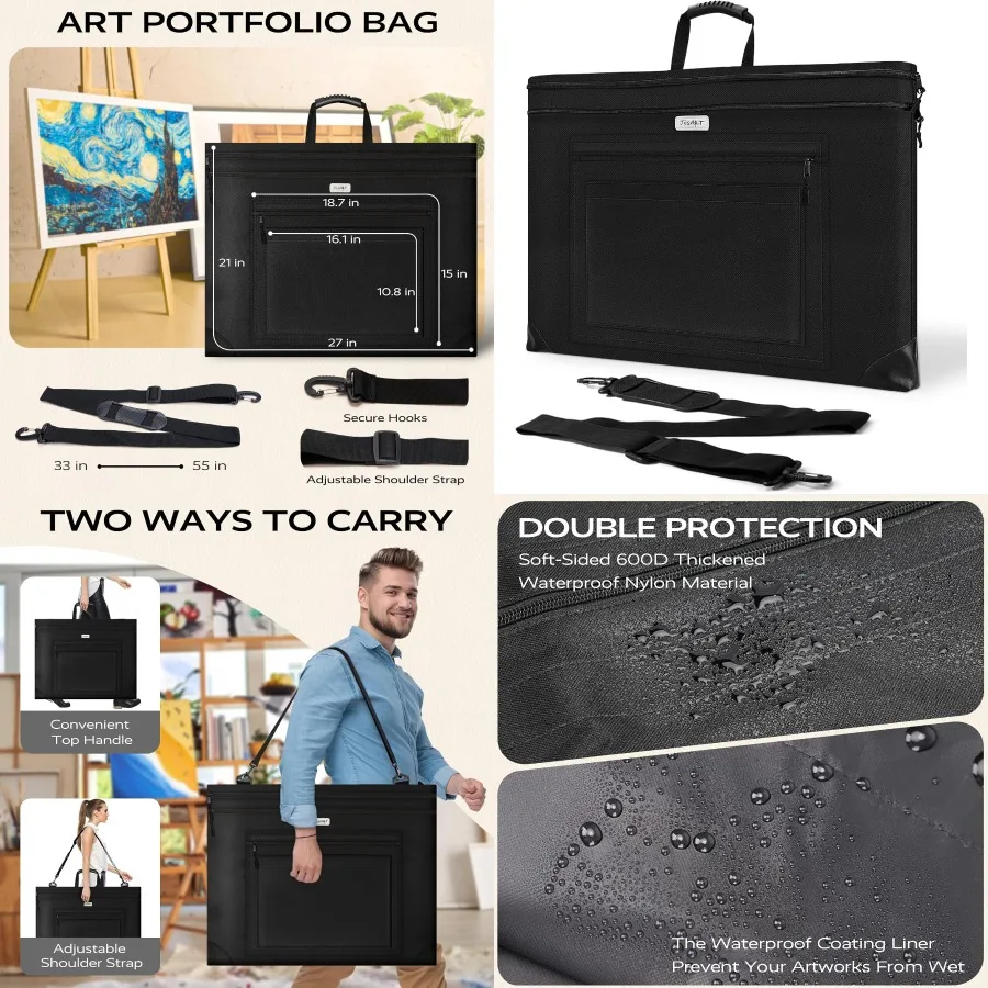 JusArt Art Portfolio Bag 20x26 Cartella portfolio leggera con tracolla regolabile Angoli in pelle Arte impermeabile