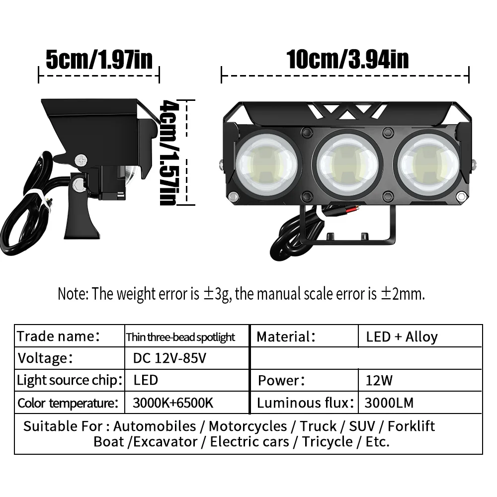 ضوء عمل 12 وات 3LED - مفتاح بارد/دافئ، مصباح أمامي للطرق الوعرة، للسيارة/موتو/جيب/SUV، جزء عصري #3