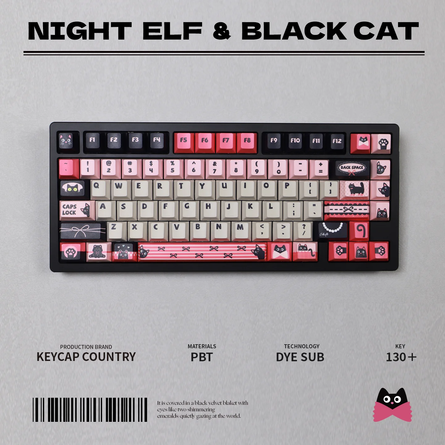 High Quality Cherry Keycaps 130 Keys Cartoon Wind Night Elf Pink Black Cat Pattern Cute Anime Wind Mechanical Keyboard Key Cap