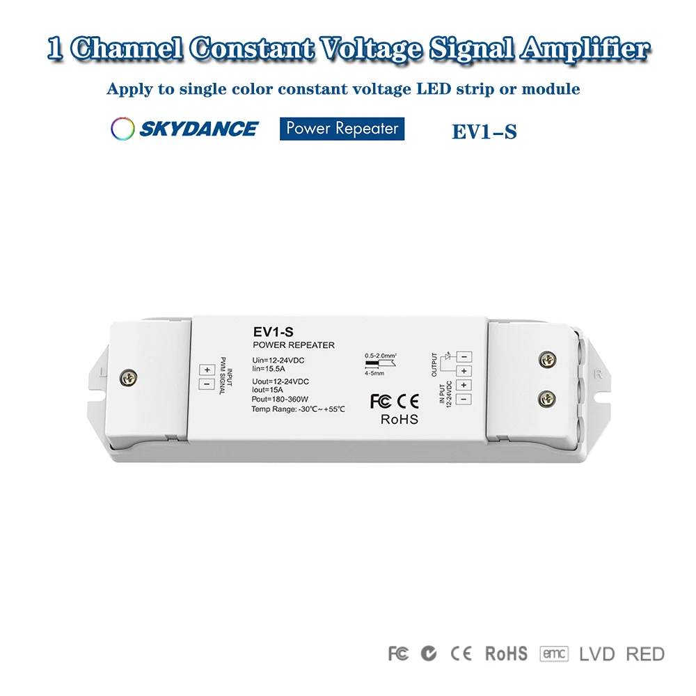 Skydance EV1-S DC12-24V 1CH*15A Constant Voltage Power Repeater Single color Signal Amplifier For Controller LED Strip/Module