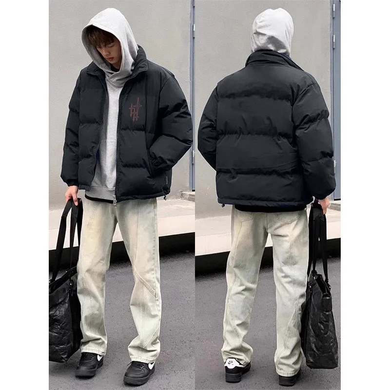 

Warmth Vintage American Letters Print Collar Thiened Autumn Winter Men's Outerwear Windproof Open Cardigan Cotton Coat