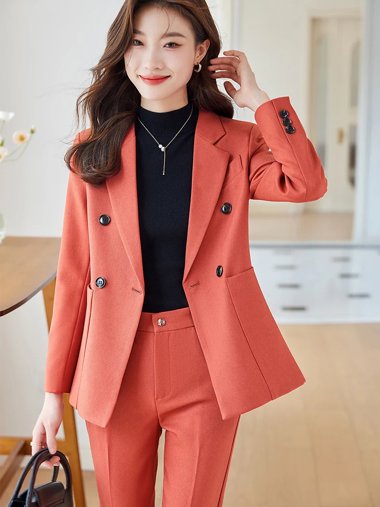 Fashion Ladies Pant Suit Formal Women Office Business Work Wear Blazer And Trouser Beige Black Khaki 2 Piece Set With Pocket