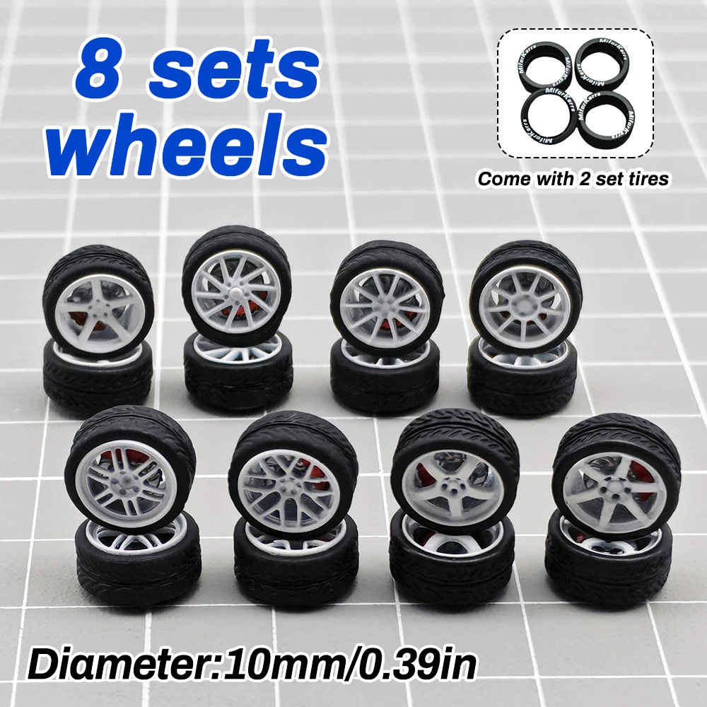1/64 modèle roues de voiture pneus 8 jeux de jantes 2 jeux de pneus en caoutchouc avec disque de frein 10mm pour MINI GT Hot Wheels jouet voiture accessoires