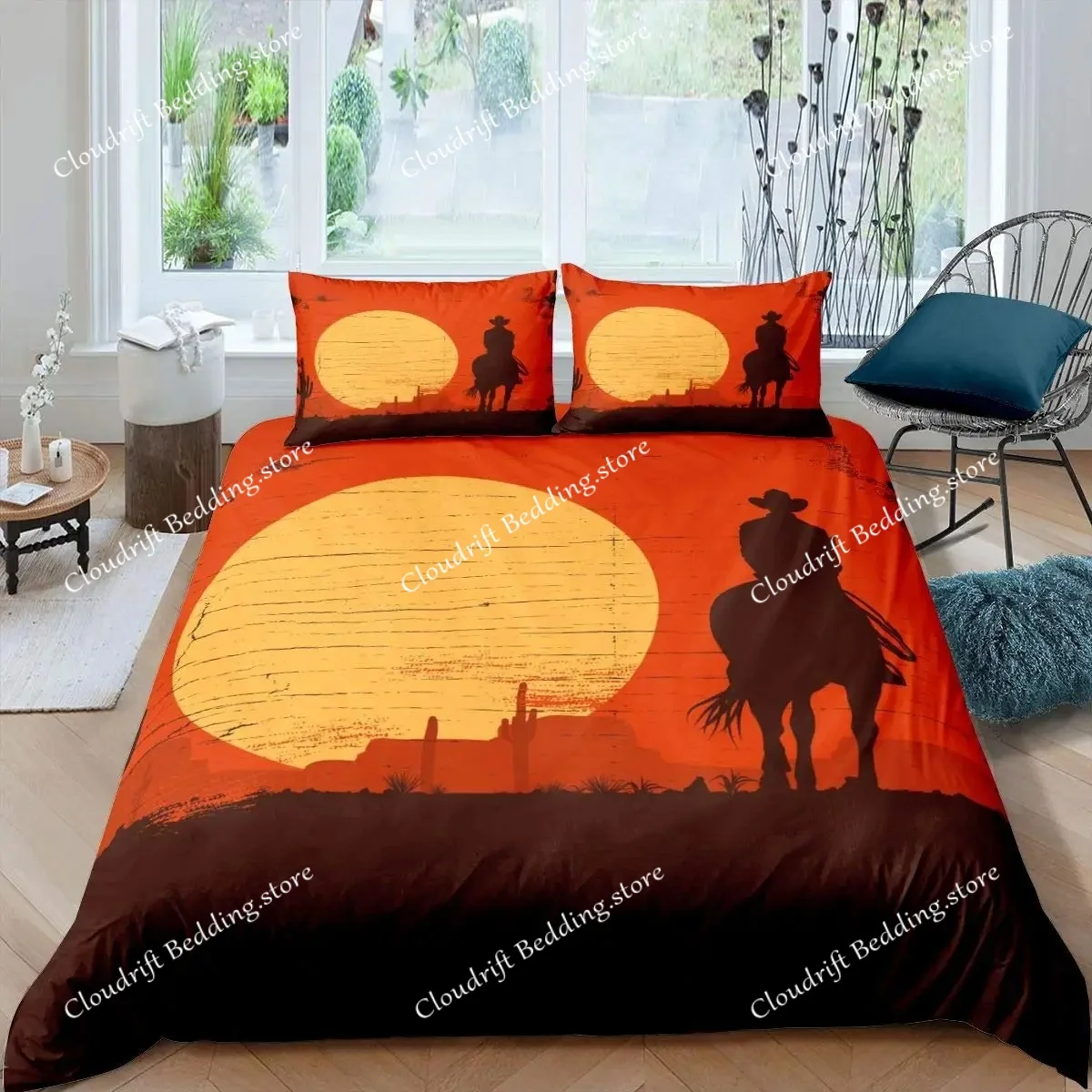 Western Cowboy Duvet Cover Set Vintage Farmhouse Bedding Set For Kids Boys Teens Queen Size Soft Polyester Quilt Cover