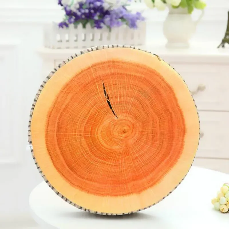 Niedliches, rundes Sitzkissen aus weichem Plüsch mit Holzmaserung, Dekokissen in Stumpfform für Zuhause und Auto – Detail 9