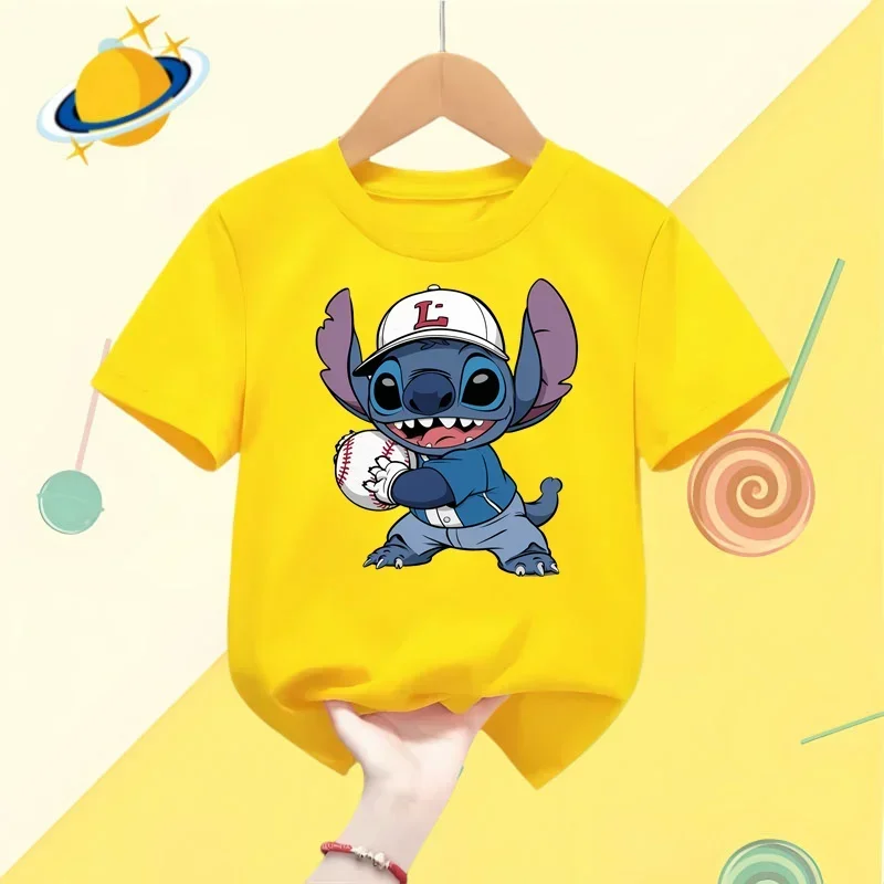 2024 Disney Stitch Kids T-shirt Lively sports boys girls round neck short sleeve street fashion casual shirt Kawaii clothing top