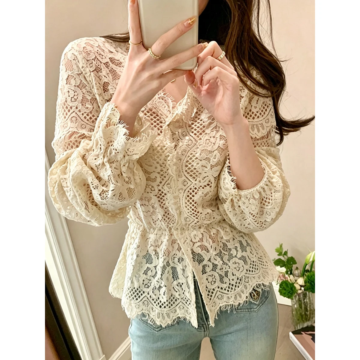 Women Solid Color V‑Neck Hollow Lace Open Shirt Perspective Of Single Breasted Cardigan Tops Fashion Basic Matching