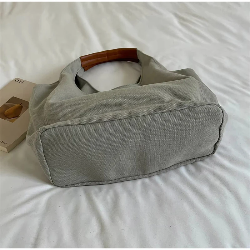 Koreanische Einfarbige Canvas-Handtasche mit Henkel, Damen-Schultertasche mit Großer Kapazität, Leichte Reise-Shopper-Tasche für den Täglichen Arbeitsweg – Detail 2