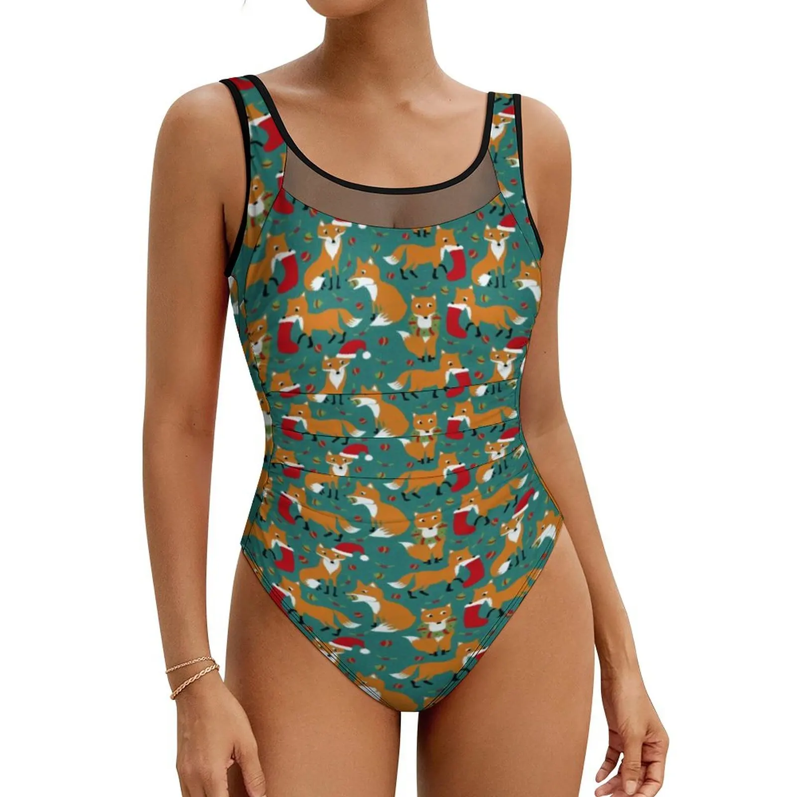 Festive Fox Cute Swimsuit Christmas Swimwear One-Piece Holiday Swimsuits Hollow Out Bathing Suit Women Push Up Sexy Beachwear