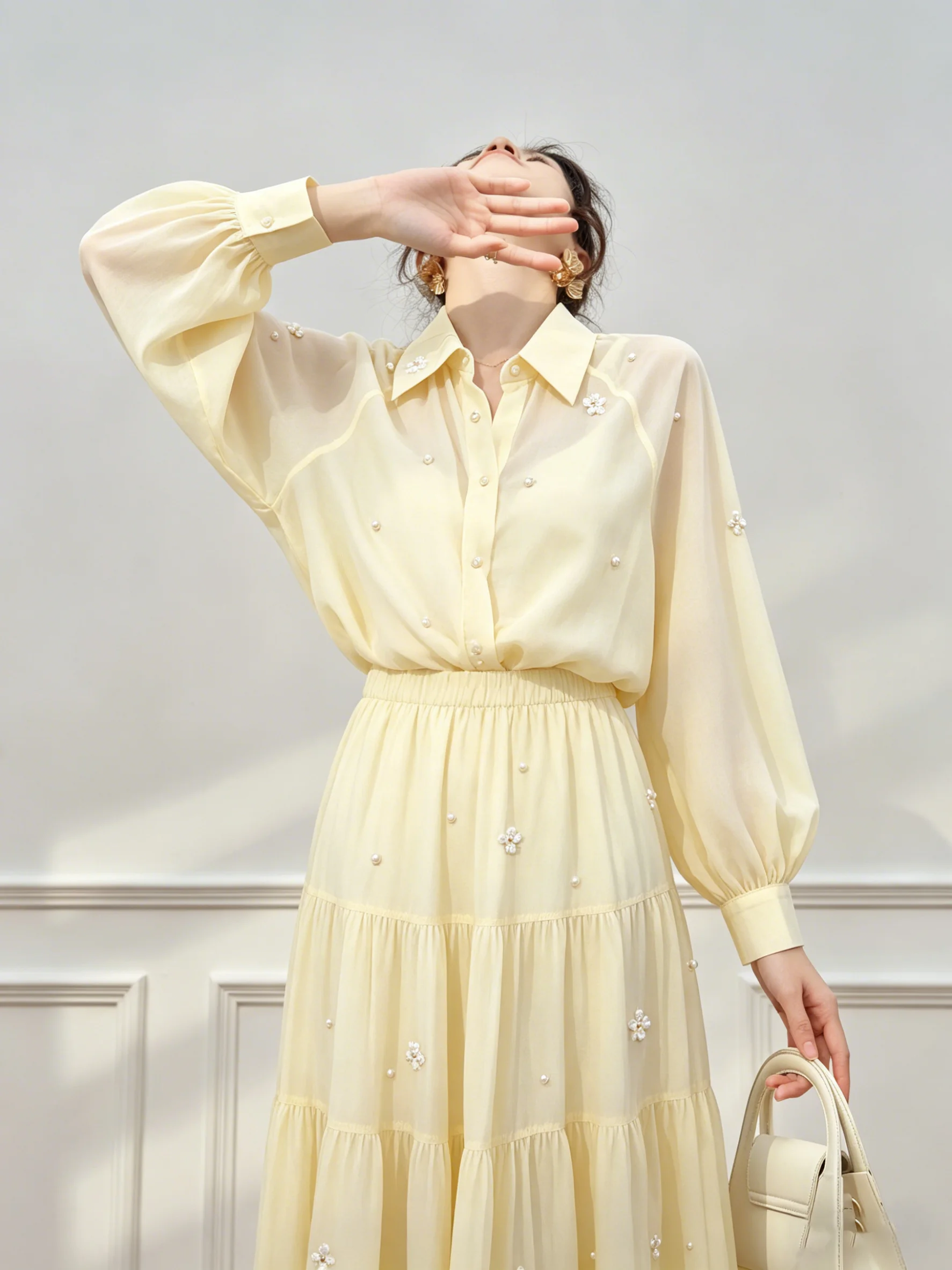 

Stunning Yellow Pearl Long Sleeve Women's Fashion Set High Waist Skirt And Top Unique Beautiful Summer Outfit Casual Style