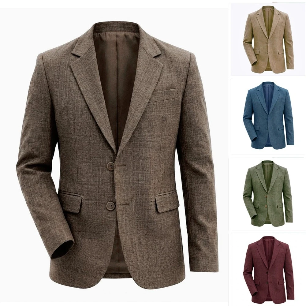 Men Textured Blazer Jacket Notched Lapel 2‑Button Single Breasted Business Casual Suit Coat Vintage Brown Formal Outerwear For M