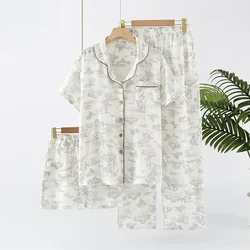 Женская пижама, летний хлопковый Комплект из 3-х предметов, топ с коротким рукавом + брюки + шорты, домашняя одежда, тонкий хлопковый костюм с рисунком из крепа и чернил