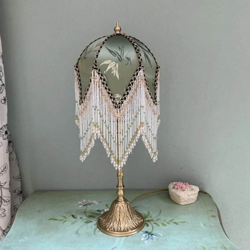 Vintage Retro Table Lamp, Green Fabric Lampshade with Beaded Tassels, Antique Metal Base Bedside Lamp, Ambient Decor Light