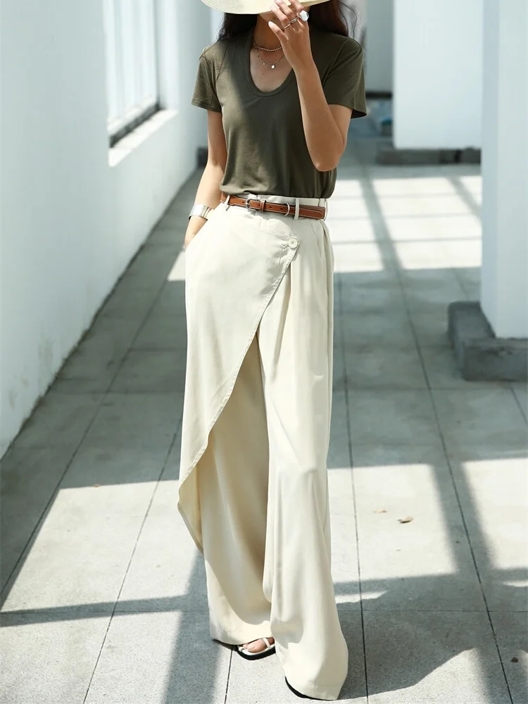 

Asymmetric Silk Pants Straight Leg Thin Summer Spring Casual Trousers for Women Natural Waist Zipper Closure