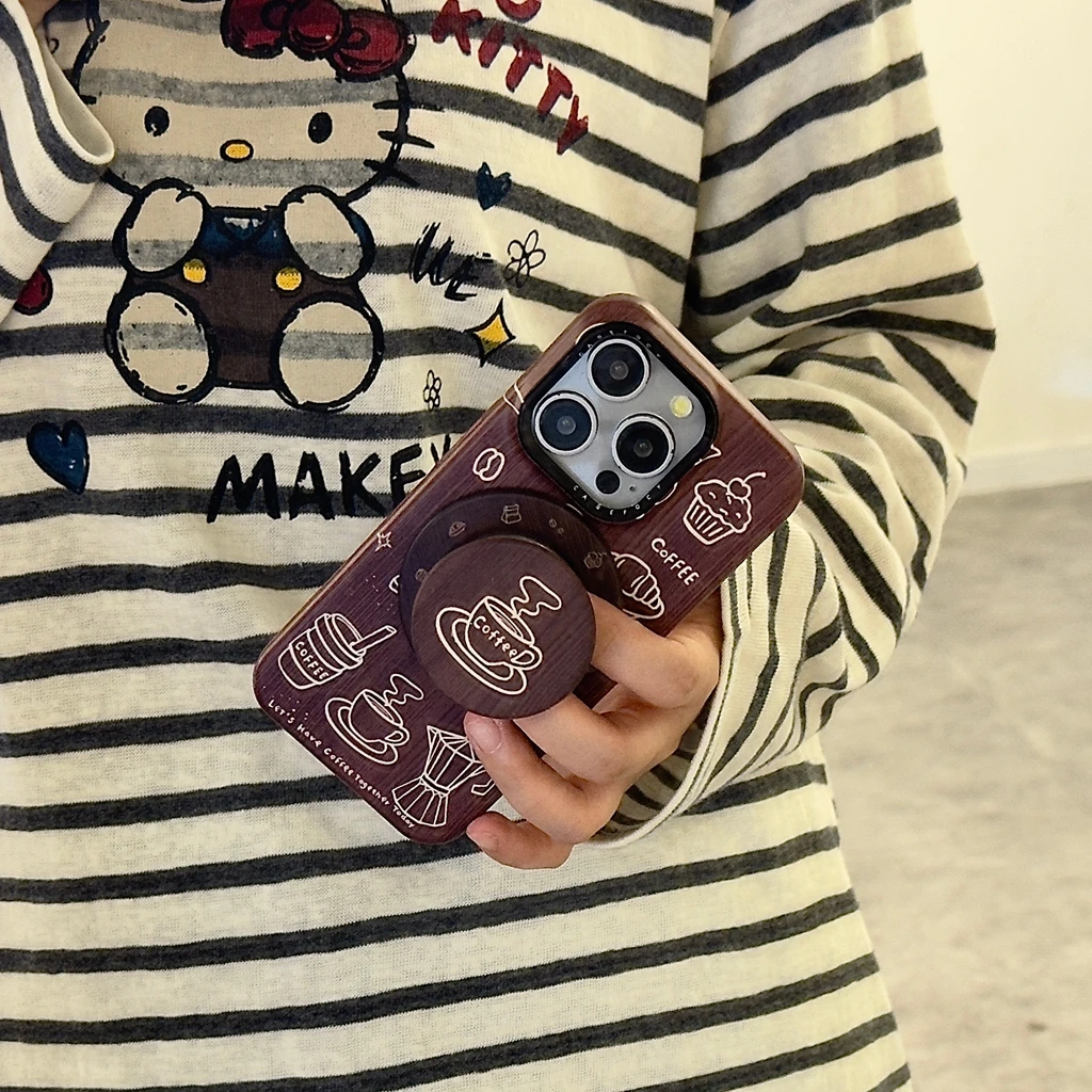 الرجعية خطوط بنية القهوة الكرواسون نمط خشبي مع حامل المغناطيسي غطاء الهاتف القضية آيفون 17 16 15 14 برو ماكس #6