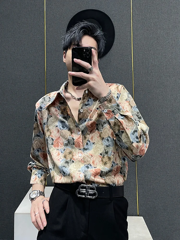 

Men's Ice Silk Flower irt Long Sve Large Collar oulder Pad Drapey Rose Print Casual Summer Top Faionable Loose Fit