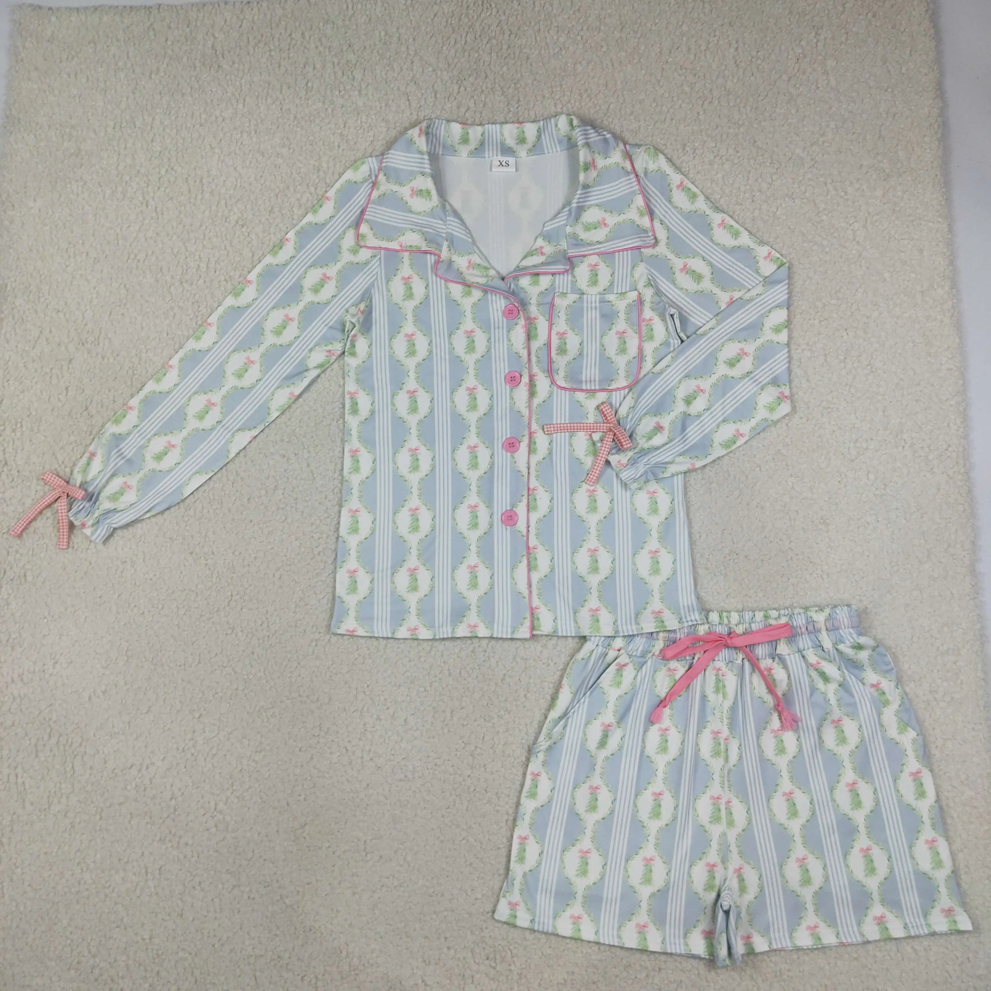 Wholesale Adult Woman Long Sleeves Buttons Shirt Set Pockets Shorts Outfit Women Girls Christmas Tree Bows Clothing