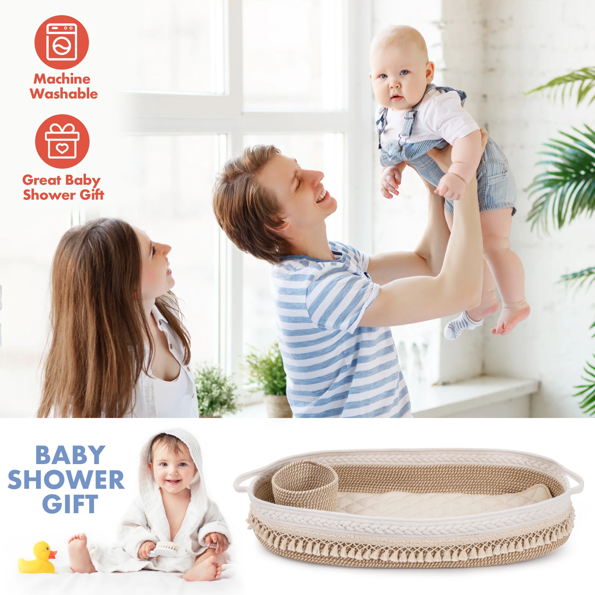 Babykleedmand, Handgemaakte Geweven Katoenen Mosmandje, Verschoontafel Topper Met Matras (Wit En Bruin)