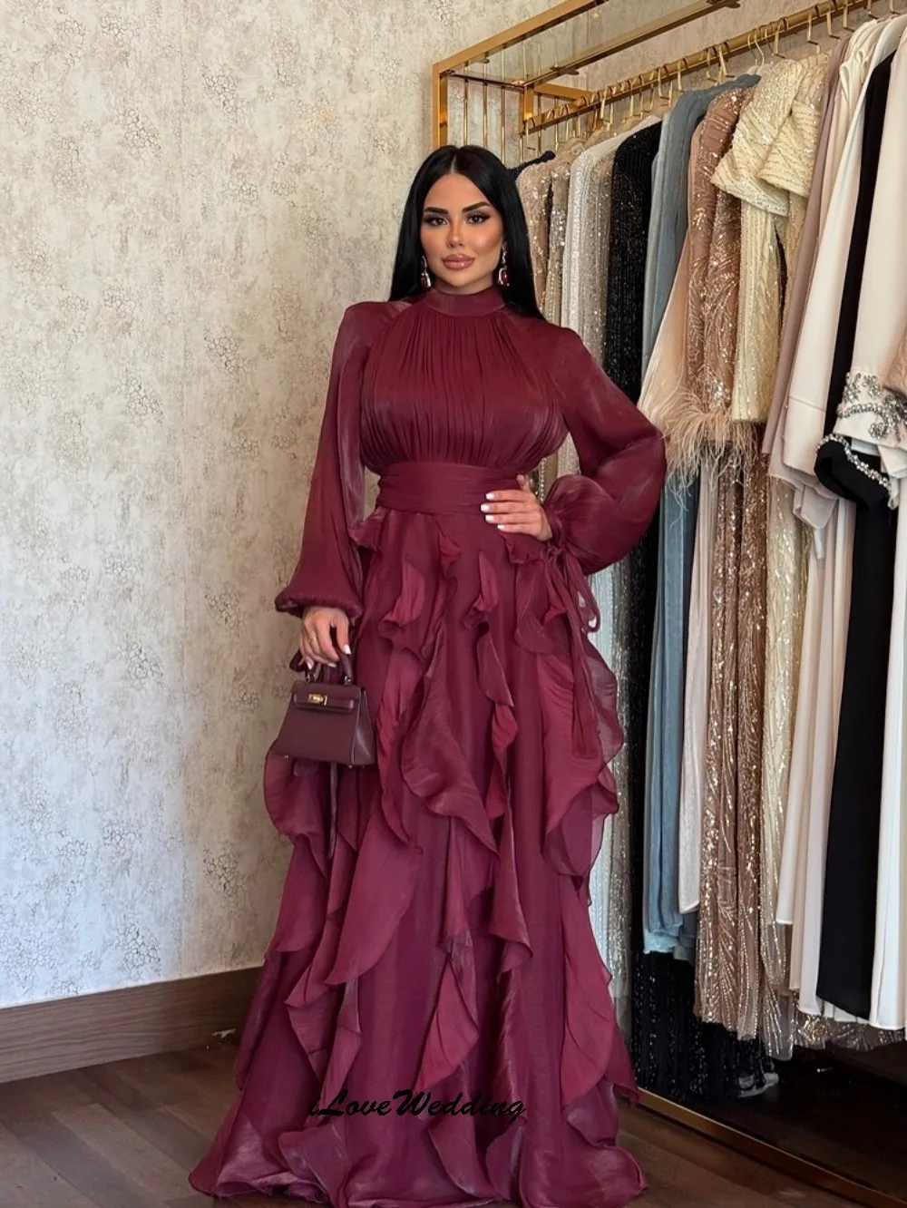 

Платье для выпускного вечера с высоким воротом по индивидуальному заказу, элегантное свадебное платье с длинными рукавами 2025, трапециевидное платье с оборками, плиссированные вечерние платья длиной до пола