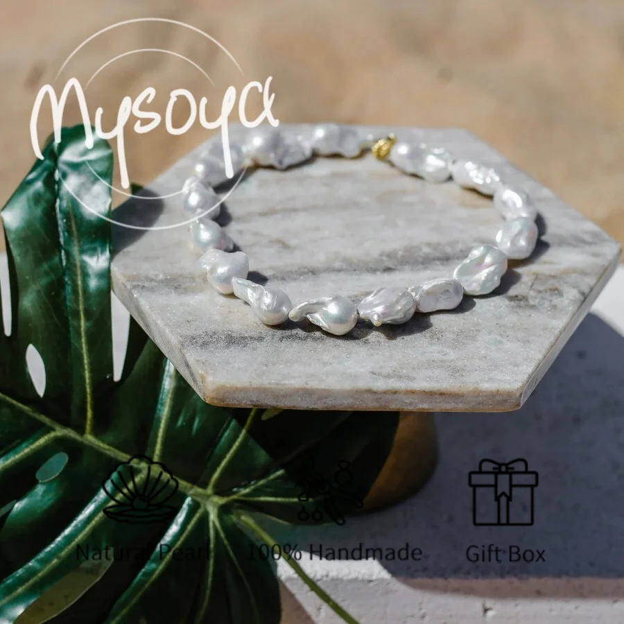 

MYSOYA 15-17mm Large High Quality White Baroque Pearl Necklace For Women And Men With Gift Box Birthday Wedding Anniversary Gift