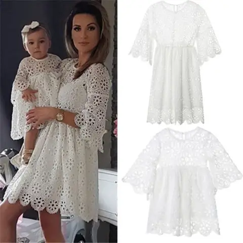 Family Matching Dress Mother And Daughter Long Sleeve Hollow Out White Dress For Girls And Women Party Summer Beach Dress