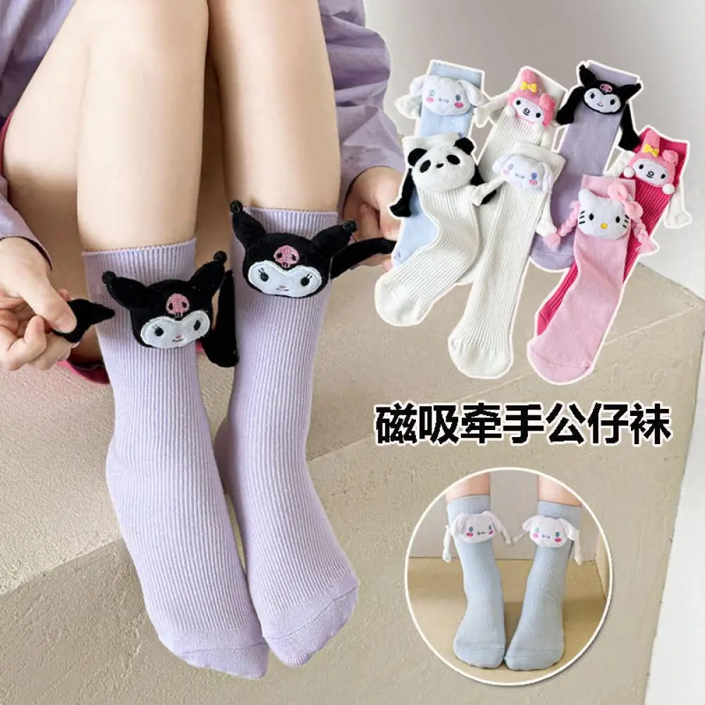 Hello Kitty Anime Sanrio Kuromi Cinnamoroll Socks Children's Girl Cartoon Kawaii Hand In Hand Funny Mid-Tube Trendy Student Sock