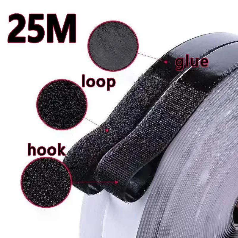 Self Adhesive Hook and Loop Tape 25M Nylon Reusable Fastener Straps Black for Home Office DIY Craft Garment