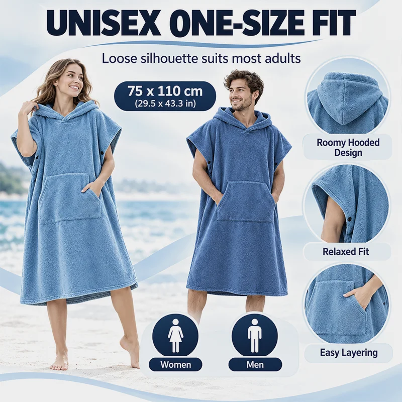 Unisex Adult Beach Poncho Changing Robe, Hooded Terry Towel Cover Up, Loose Fit Swim Surf Changing Robe for Men and Women