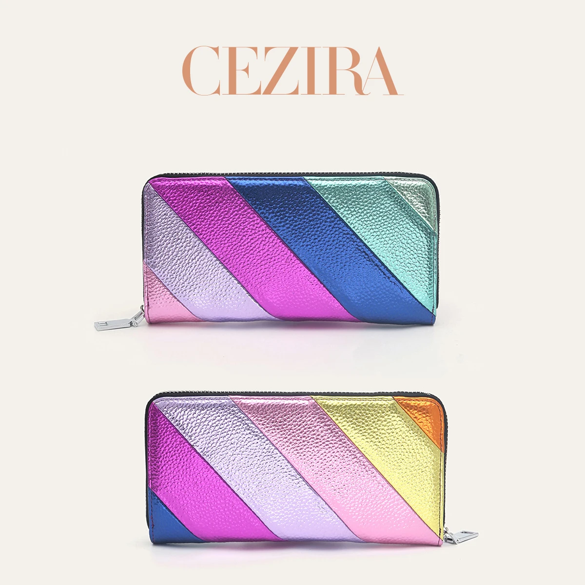CR Large Capacity Zipper Phone Purse Luxury Striped Patchwork Metallic PU Vegan Leather Long Wallet Clutch For Women Daily Trip