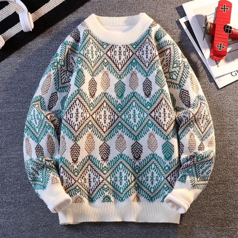 Men's Geometric Pattern Sweater, Casual Business Style, Gold Medal Quality Knitwear, White Navy Blue