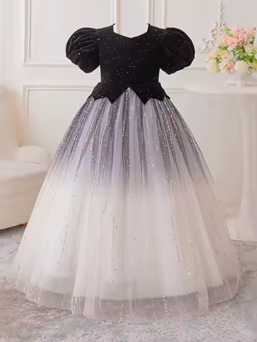 Girl court style heavy industry evening dress bubble sleeve long embroidery gauze shag skirt dinner party