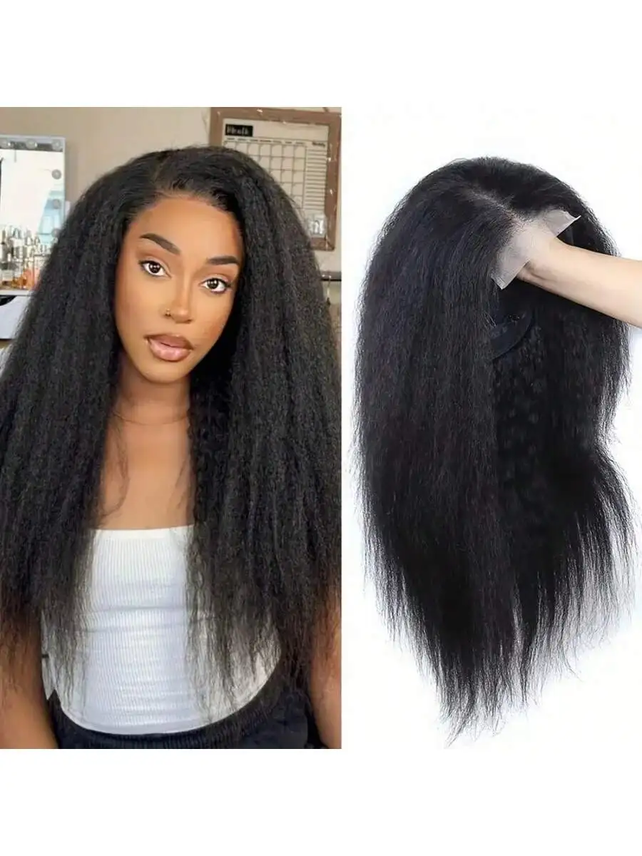 

220Density 4X4 Lace Closure Wigs Kinky Curly Hairline Brazilian Yaki Straight Wig Kinky Straight Lace Front Wigs Natural Color ﻿